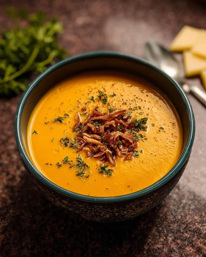 Bowl of Apple Cheddar Sweet Potato Soup garnished with herbs