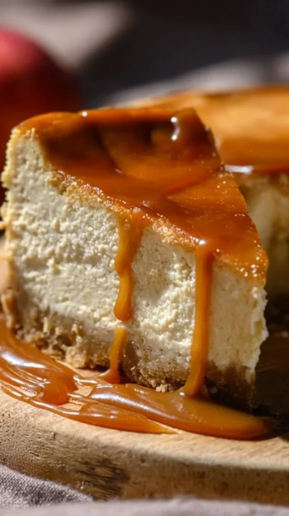 Delicious slice of Apple Cider Cheesecake topped with caramel drizzle