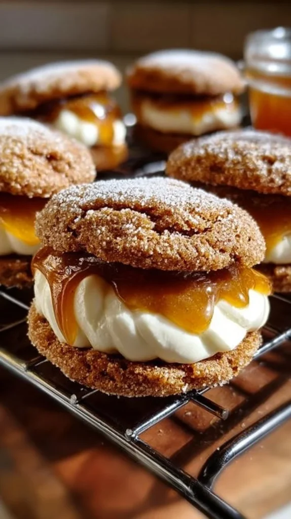 Delicious apple cider whoopie pie cookies with caramel drizzle on a plate.