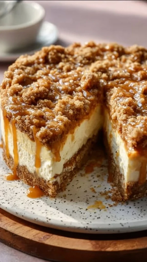 Delicious slice of Apple Crumble Cheesecake topped with apple and crumble