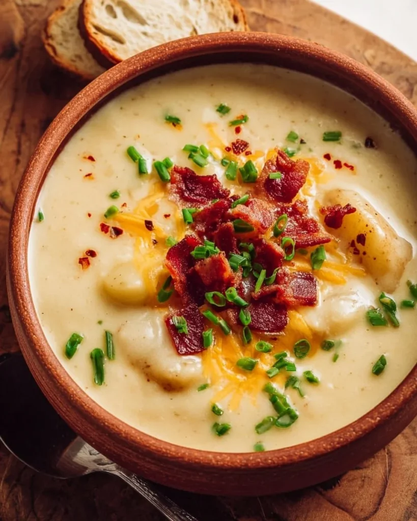 Bowl of creamy baked potato soup topped with chives and bacon bits
