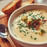 Bowl of creamy baked potato soup garnished with chives and bacon bits