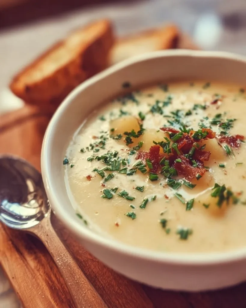 Bowl of creamy baked potato soup garnished with chives and bacon bits