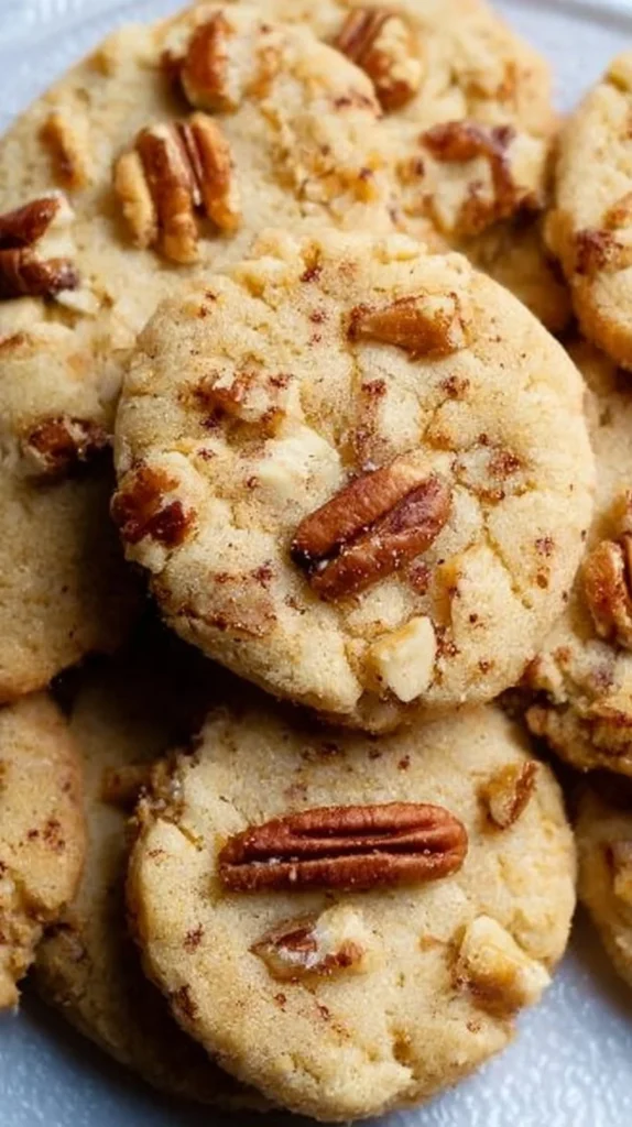 Freshly baked butter pecan cookies with a golden brown hue and pecan pieces.