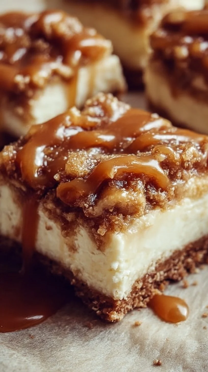 Delicious Caramel Apple Cheesecake Bars topped with caramel drizzle and apple slices