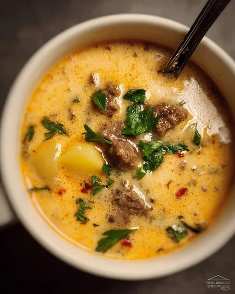 Bowl of cheesy beef and potato soup garnished with fresh herbs