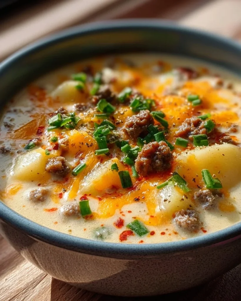 Bowl of cheesy hamburger potato soup topped with cheese and herbs