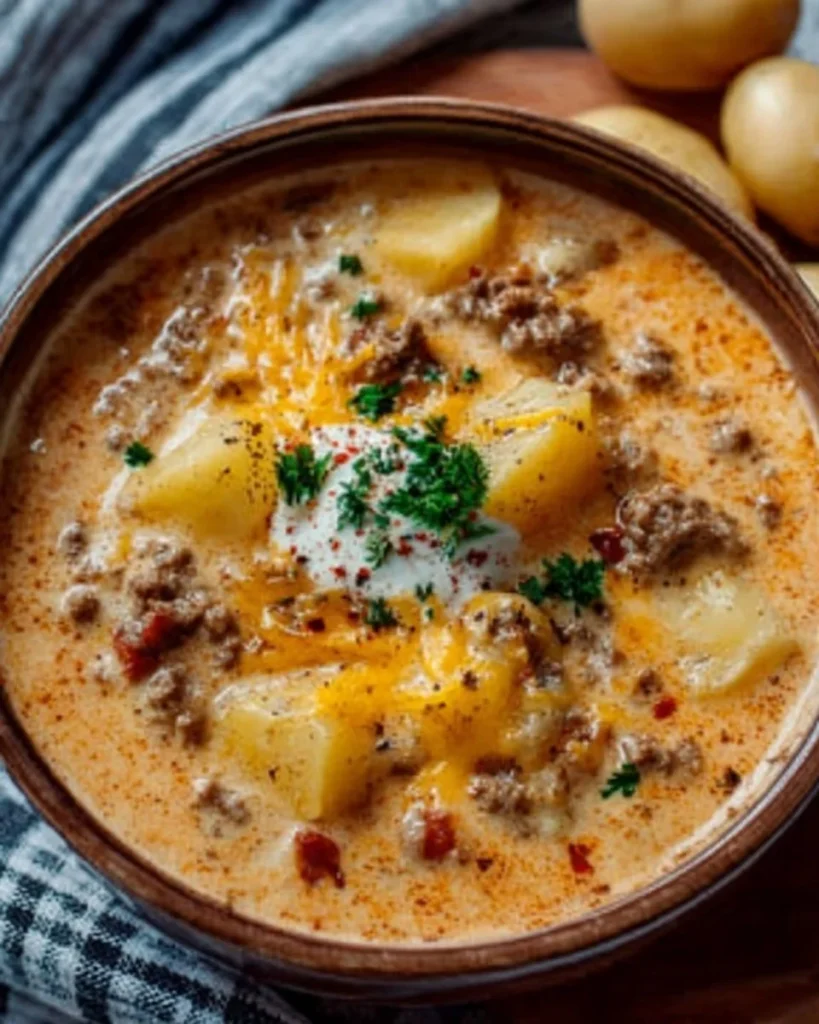 Bowl of cheesy hamburger potato soup topped with fresh herbs