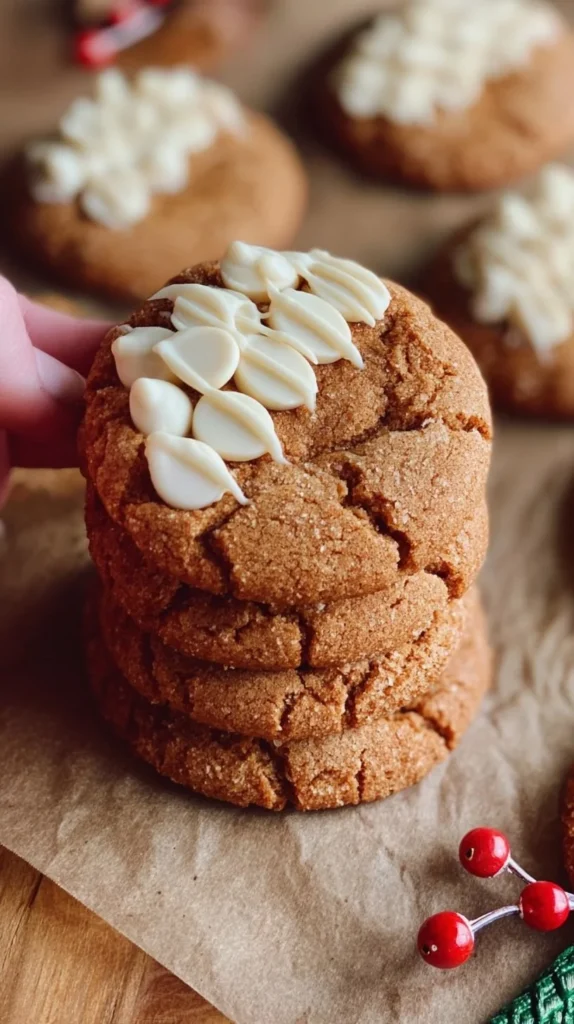 Chewy maple cinnamon cookies with white chocolate chips on a plate
