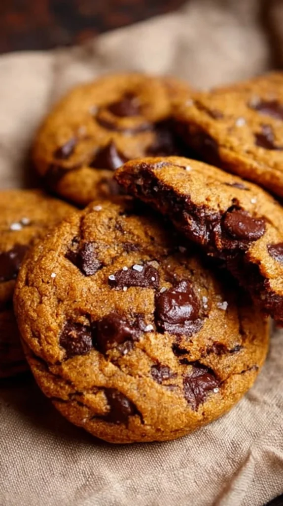 Chewy pumpkin chocolate chip cookies stacked on a plate