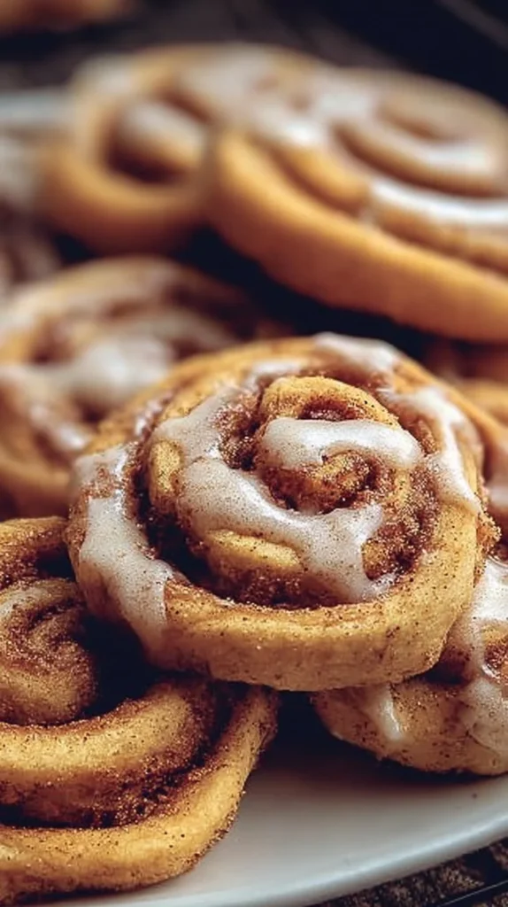 Deliciously baked cinnamon roll cookies topped with icing and cinnamon.