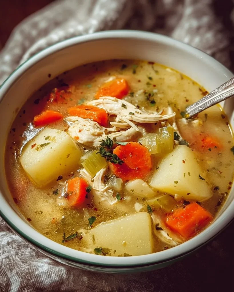 Bowl of comforting chicken soup with potatoes, fresh herbs, and vegetables