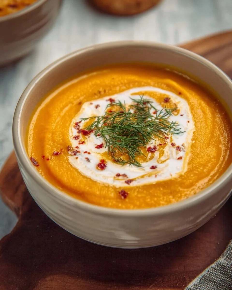 Creamy carrot and sweet potato soup served in a bowl with fresh herbs