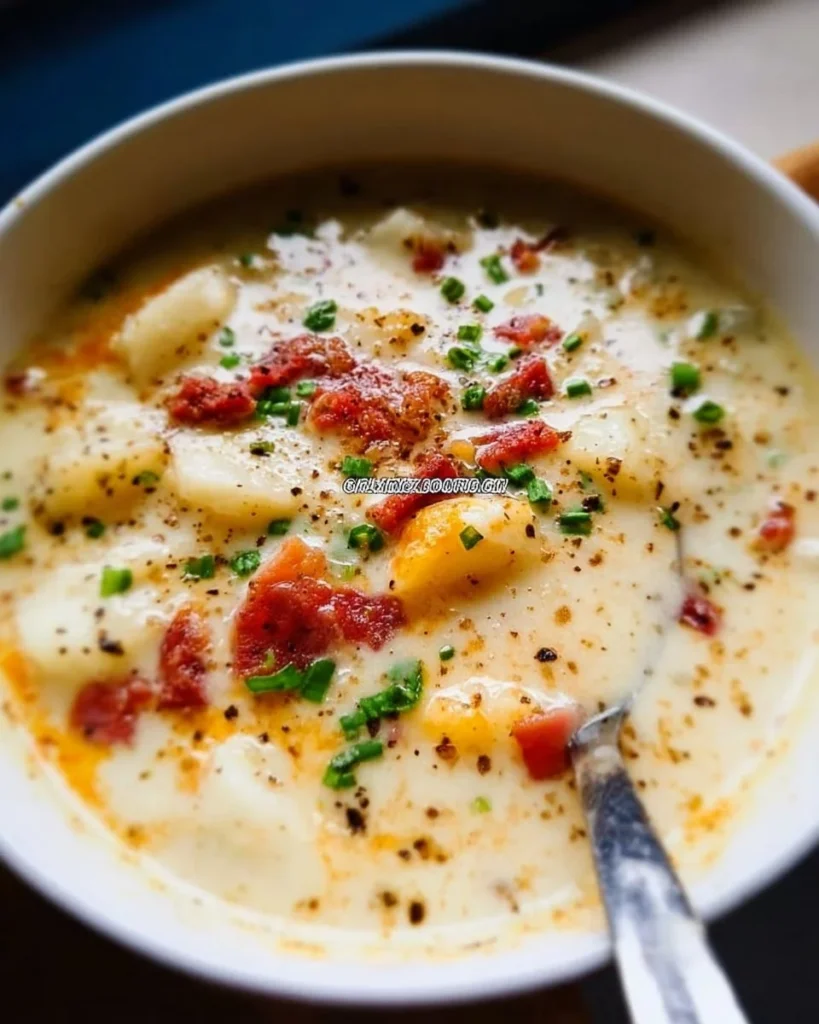 Bowl of creamy one-pot potato soup garnished with herbs