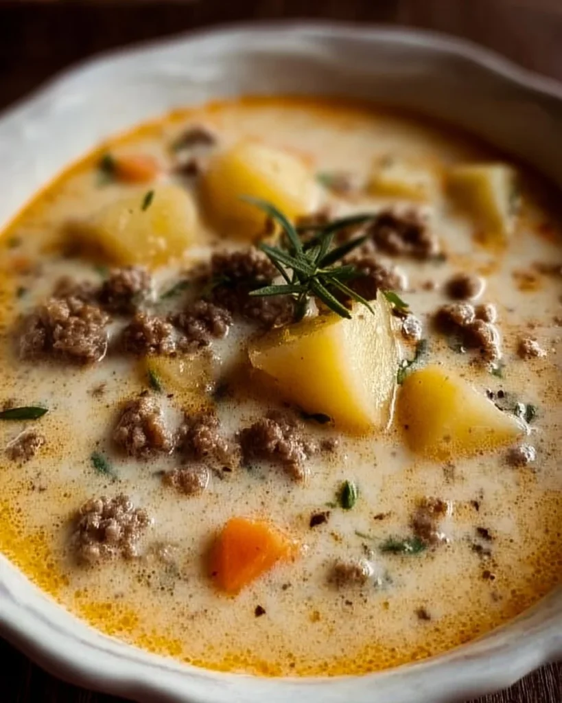 Bowl of creamy potato hamburger soup with fresh herbs and vegetables