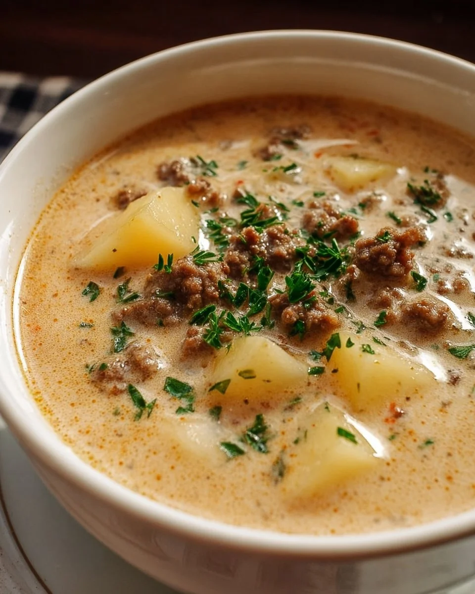 Bowls of creamy potato hamburger soup topped with herbs and served with bread.