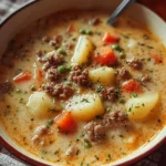 Bowl of creamy potato hamburger soup garnished with herbs.
