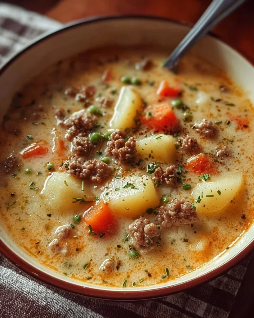 Bowl of creamy potato hamburger soup garnished with herbs.