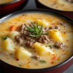 Bowl of creamy potato hamburger soup topped with herbs and garnished with bread.