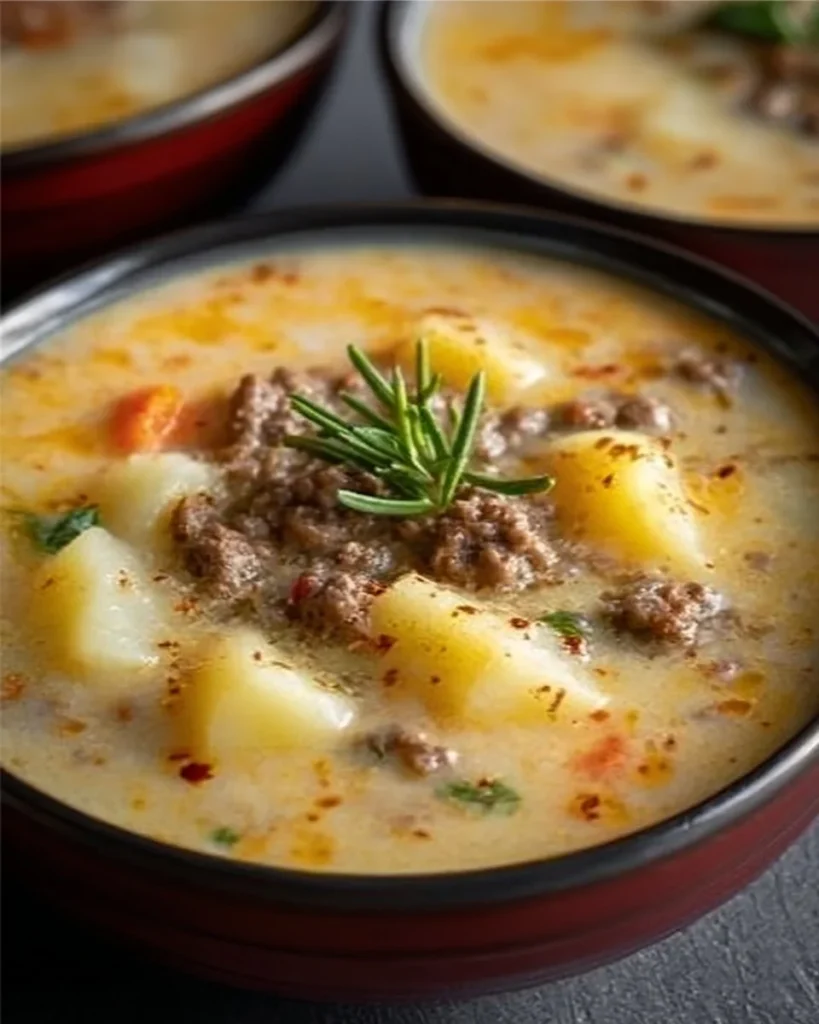 Bowl of creamy potato hamburger soup topped with herbs and garnished with bread.