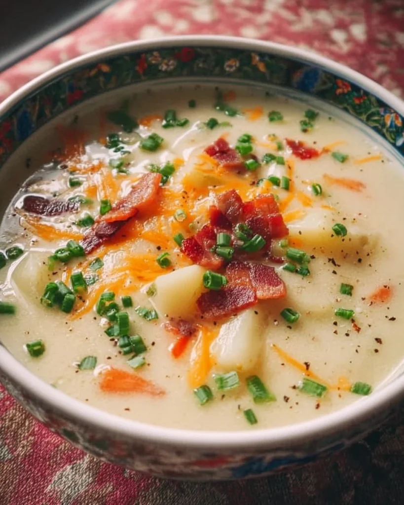 Delicious creamy potato soup topped with crispy bacon