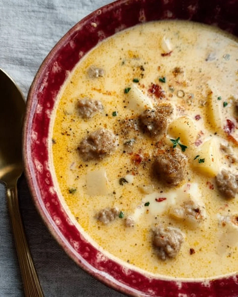 Creamy sausage soup in a bowl garnished with herbs.