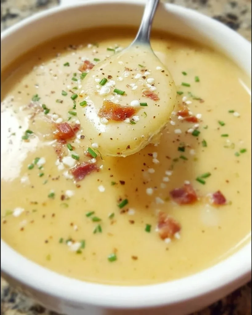 Creamy Crock Pot potato soup in a bowl garnished with chives and bacon.