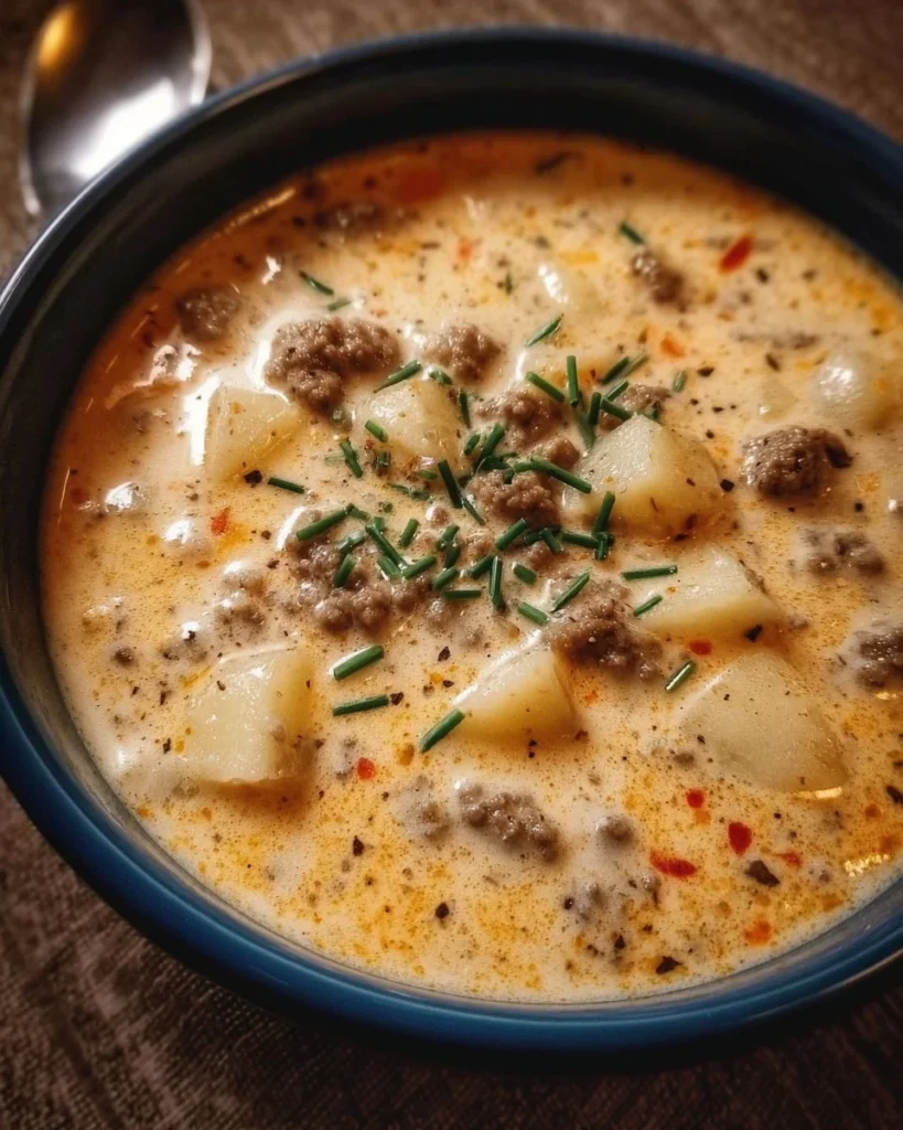 Bowl of Crockpot Creamy Potato and Hamburger Soup topped with herbs.