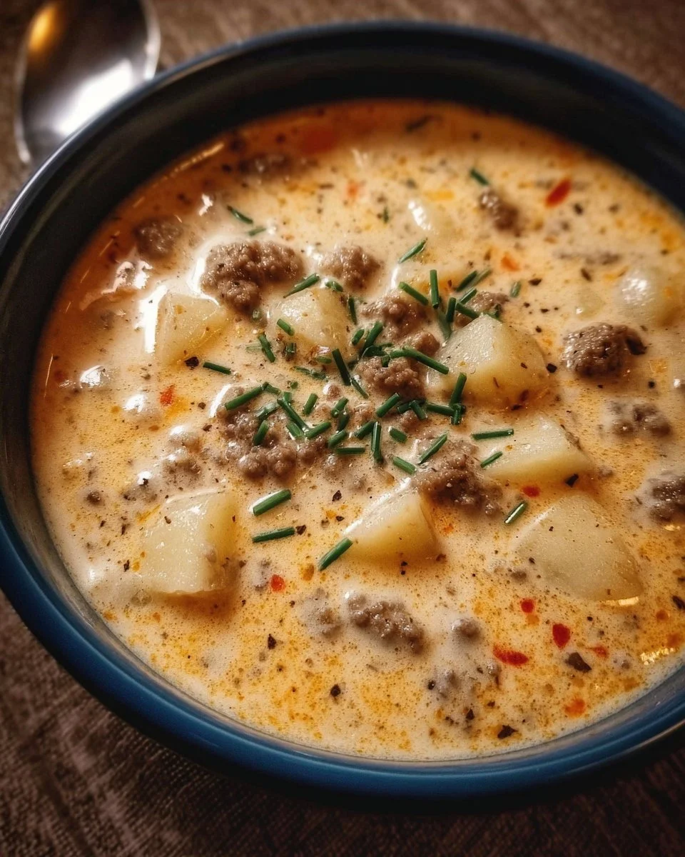 Bowl of Crockpot Creamy Potato and Hamburger Soup topped with herbs.