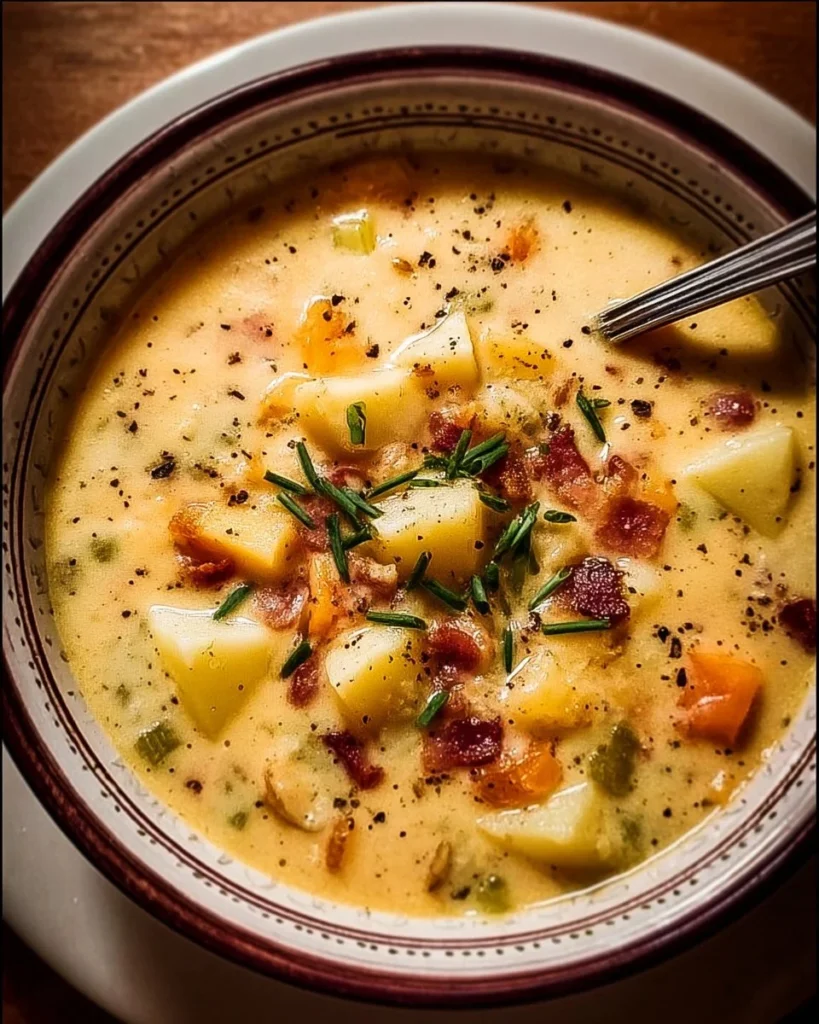 Creamy Crockpot Potato Soup served in a bowl with herbs on top.