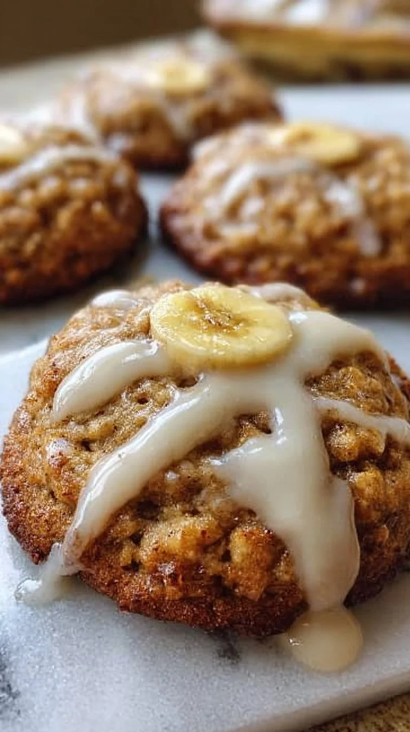 Crumbl Banana Bread Cookies with Cream Cheese Glaze 1 Crumbl banana bread cookies with cream cheese glaze on a plate