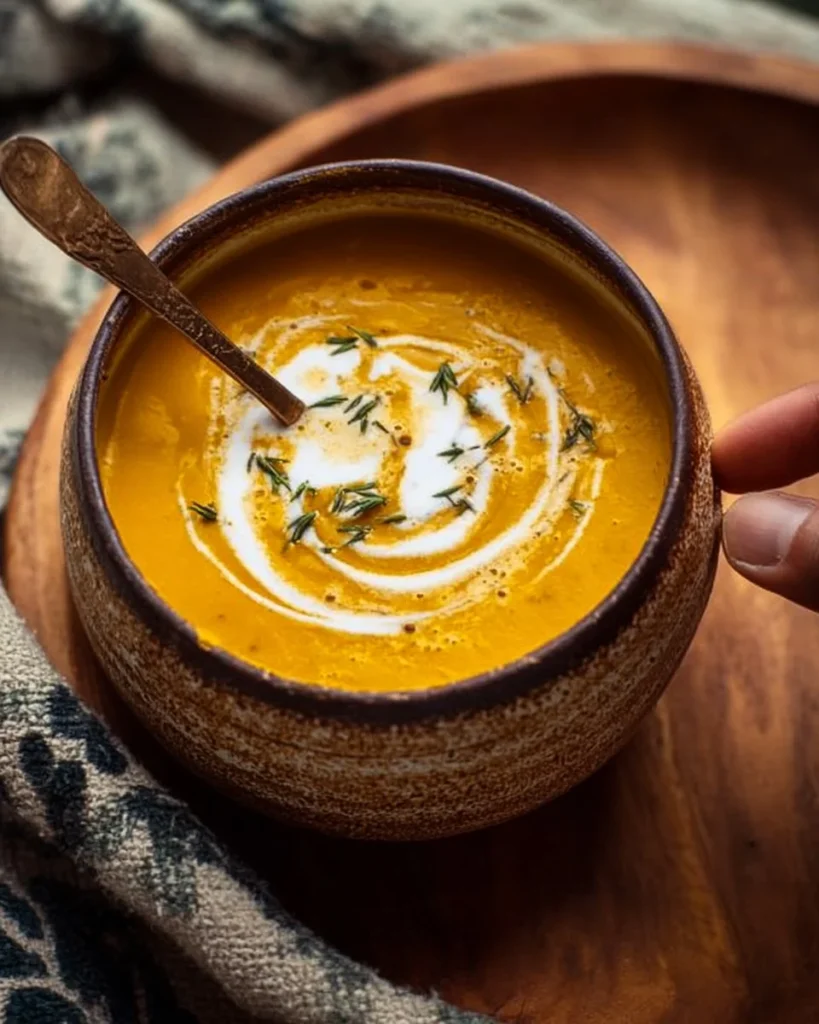 Bowl of curried sweet potato bisque garnished with spices and herbs