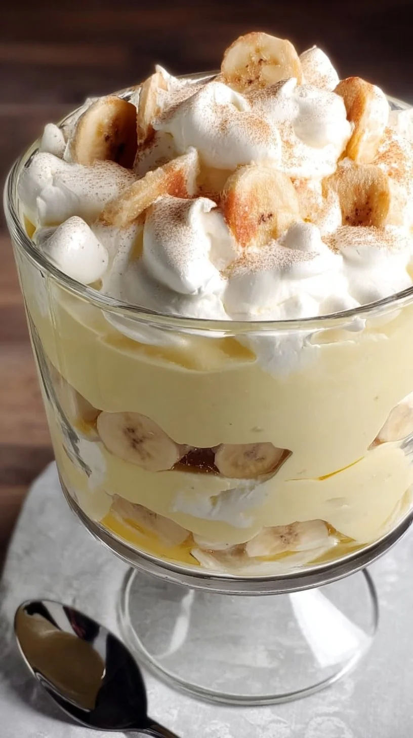Easy Banana Pudding 1 Delicious easy banana pudding served in a clear dish with bananas and whipped cream