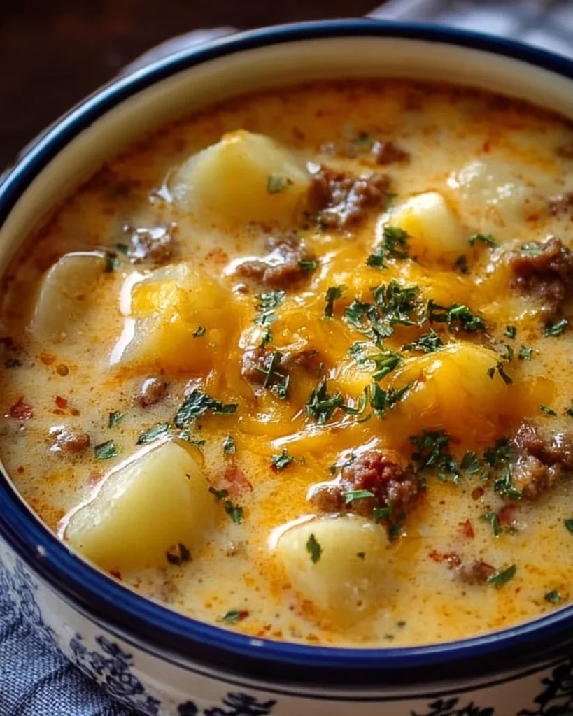 Bowl of Easy Cheesy Hamburger Potato Soup topped with cheese and herbs