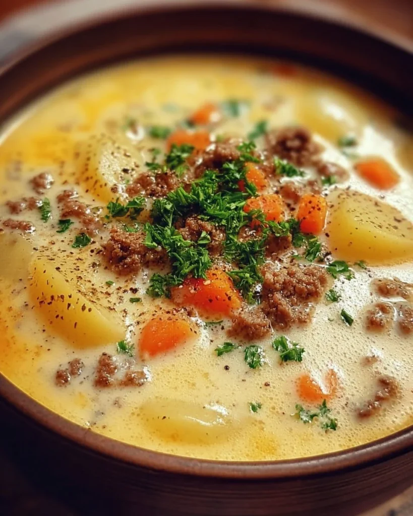 Delicious creamy potato and hamburger soup in a bowl