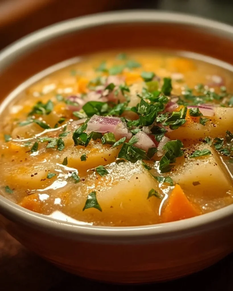 A delicious bowl of easy crockpot potato soup topped with herbs.