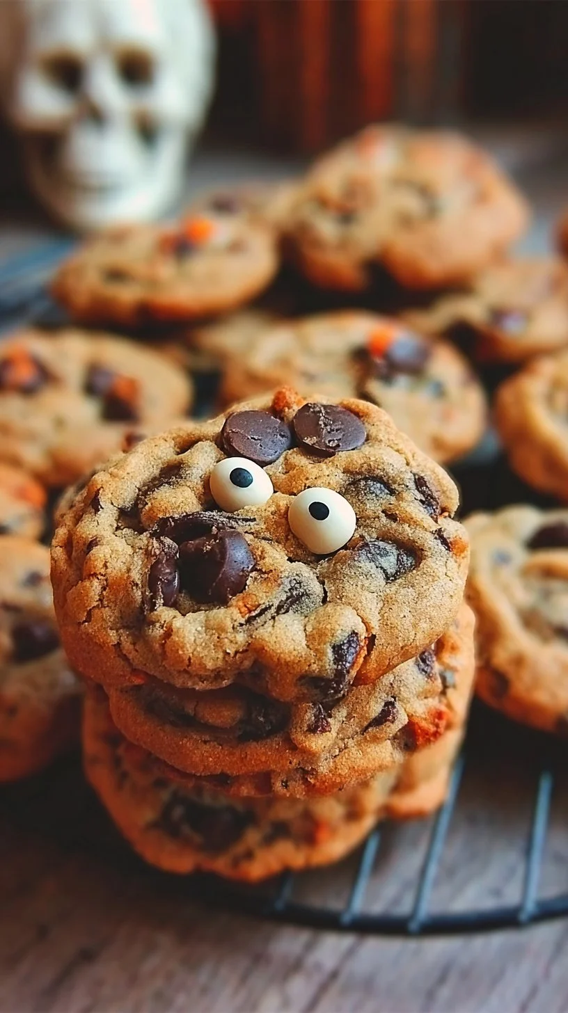 Halloween Chocolate Chip Cookies 1 A plate of Halloween chocolate chip cookies decorated for the spooky season.