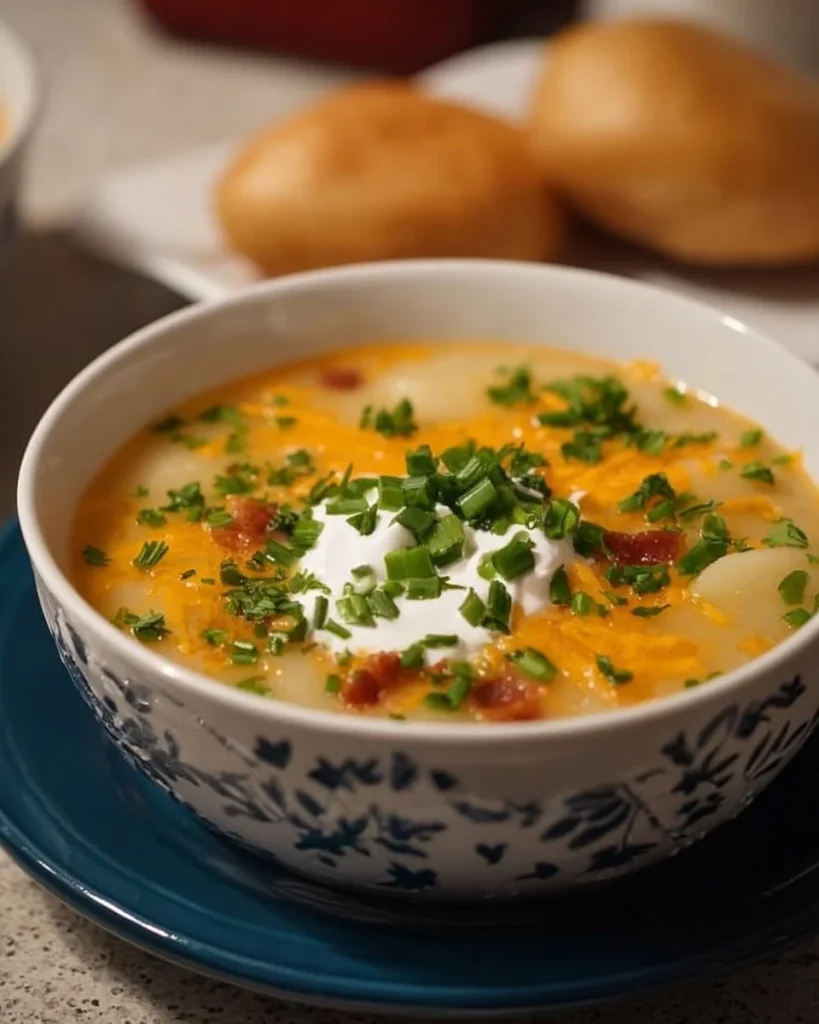 Bowl of homemade potato soup garnished with herbs and spices