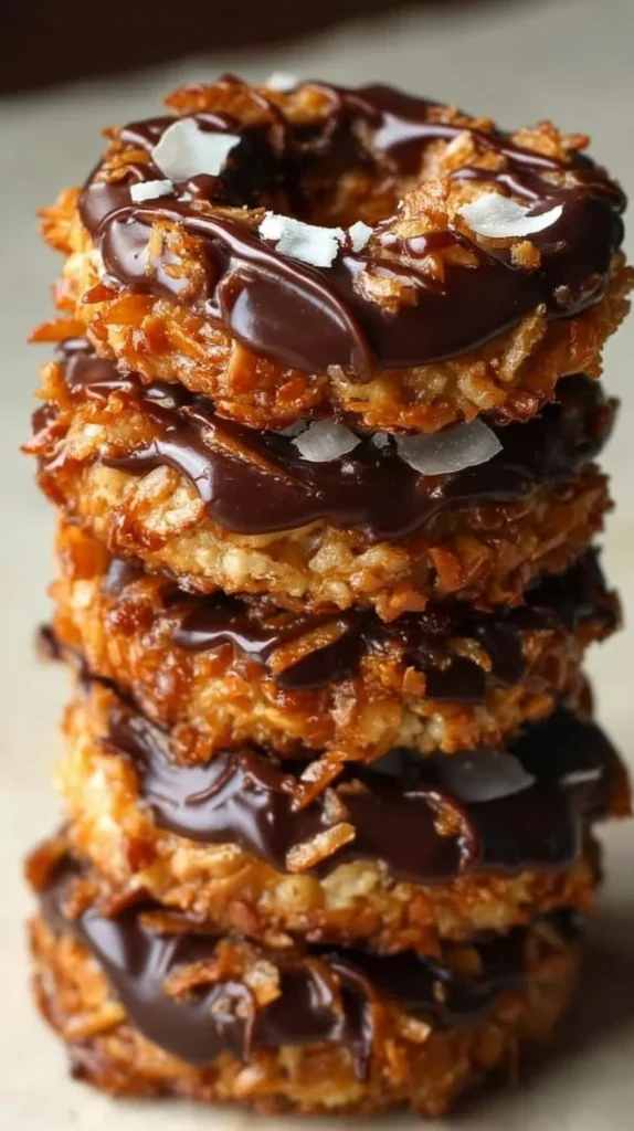 Homemade Samoas cookies topped with caramel and chocolate
