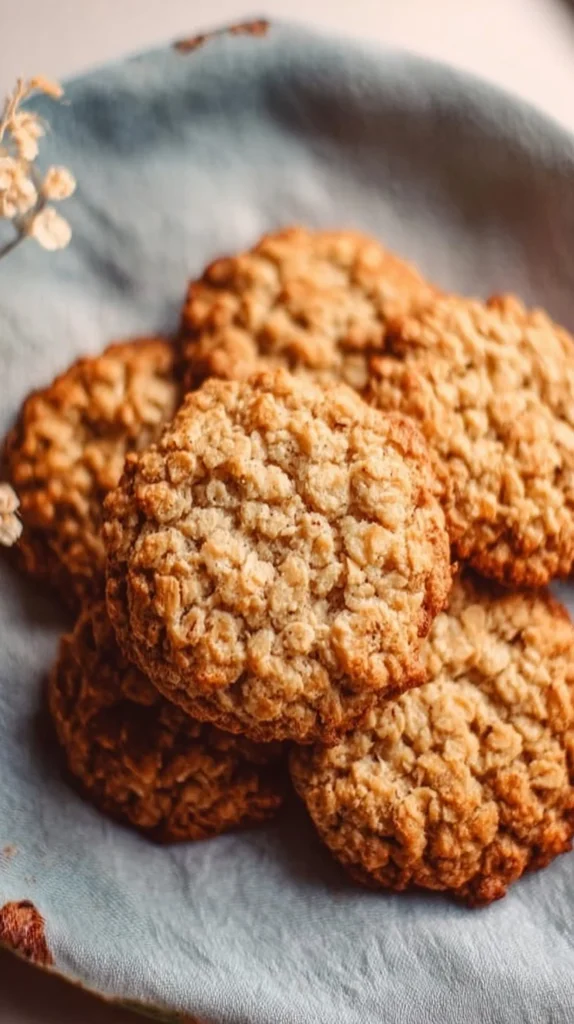 Freshly baked honey oatmeal cookies on a wooden tray