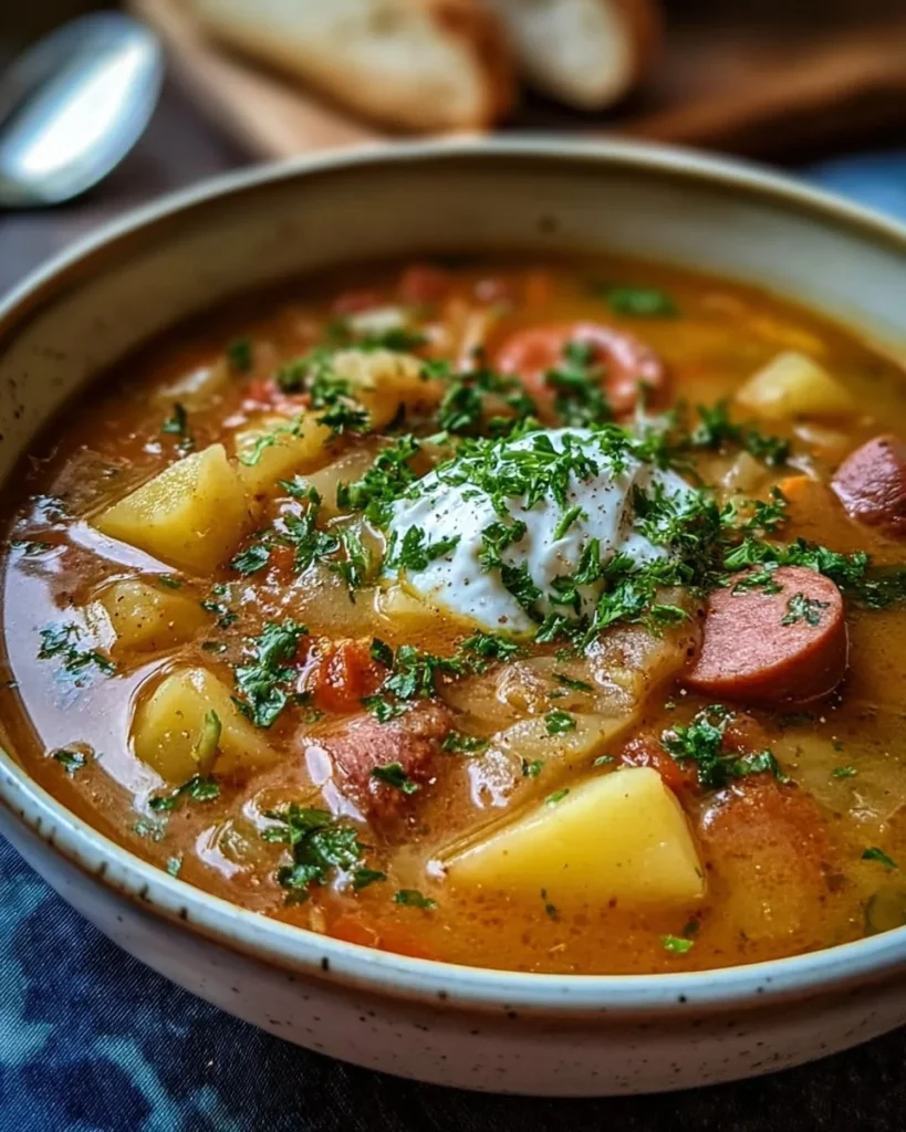 Bowl of hearty Kielbasa Potato Soup garnished with herbs