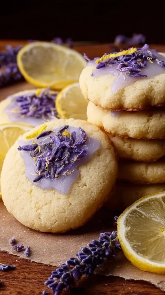 Homemade lemon lavender cookies arranged on a plate.