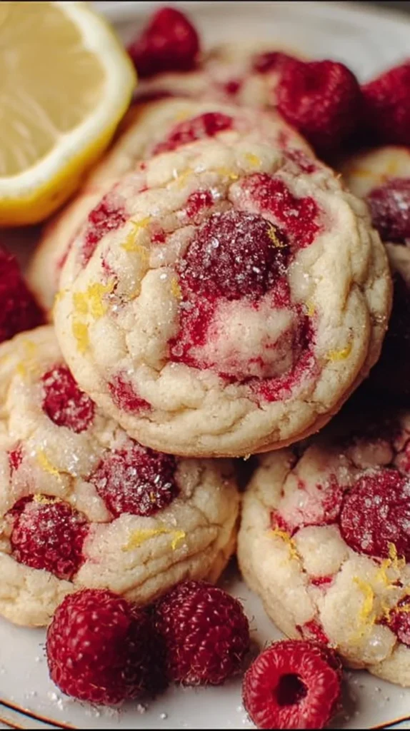 Freshly baked Lemon Raspberry Cookies on a plate