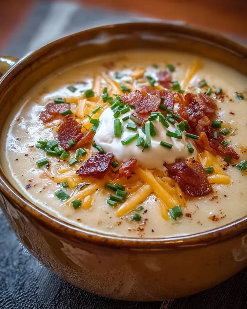 A bowl of loaded baked potato soup topped with cheese, bacon, and green onions