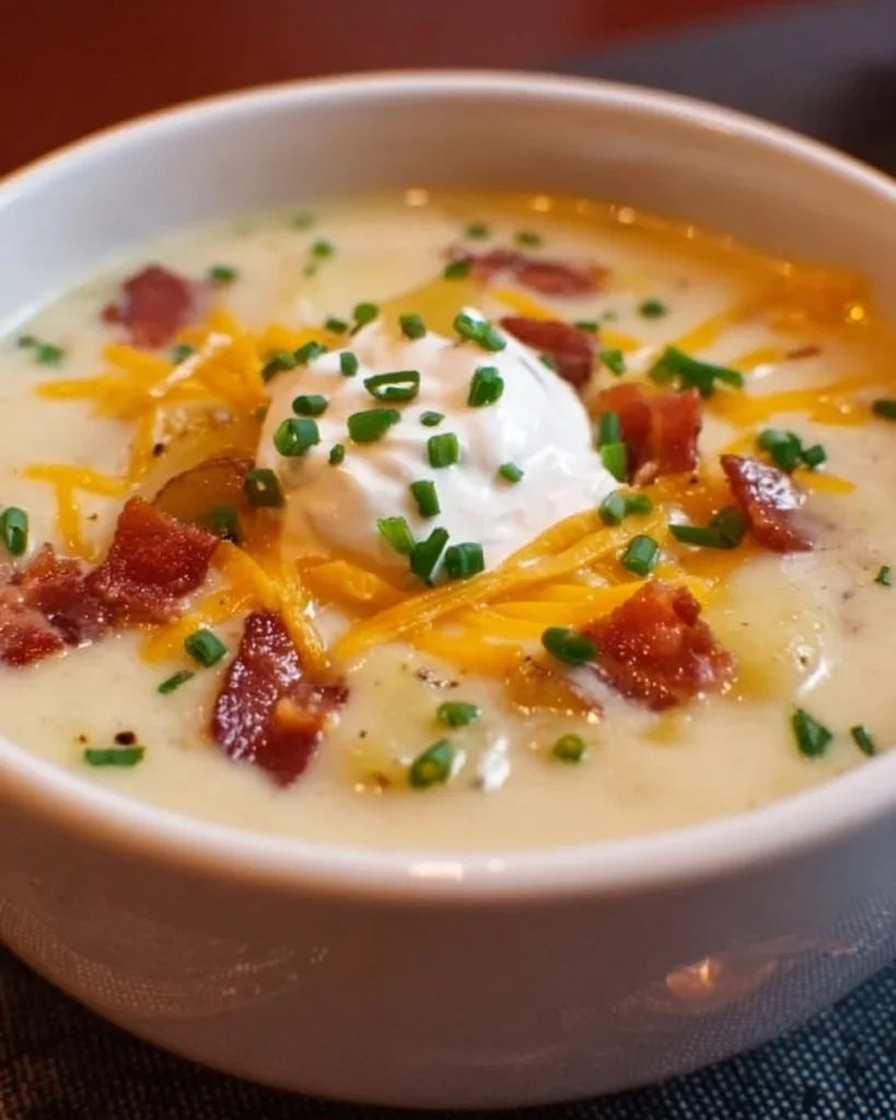 Delicious loaded baked potato soup topped with cheese and chives in a bowl