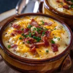 A hearty bowl of loaded baked potato soup garnished with cheese and green onions.