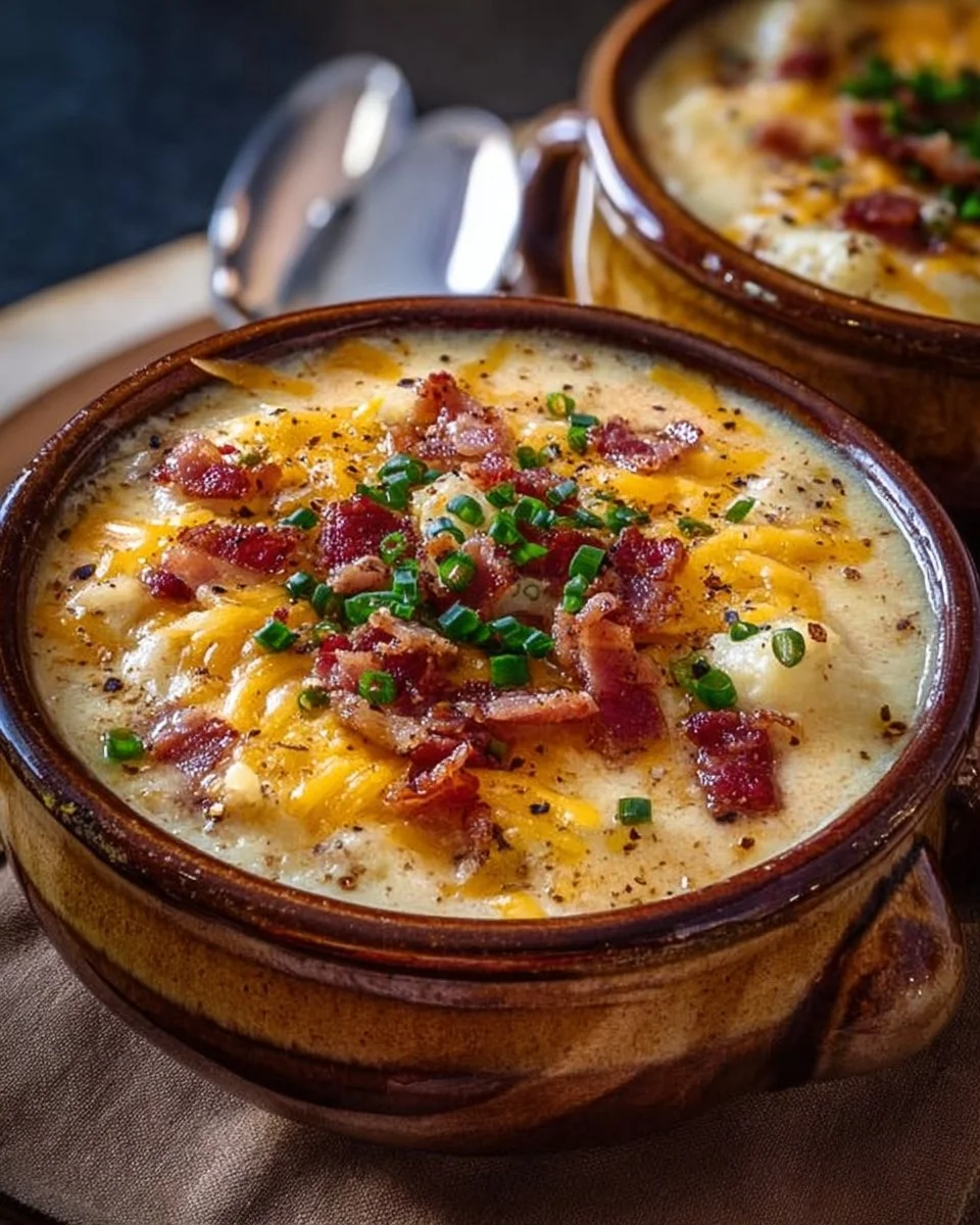 A hearty bowl of loaded baked potato soup garnished with cheese and green onions.
