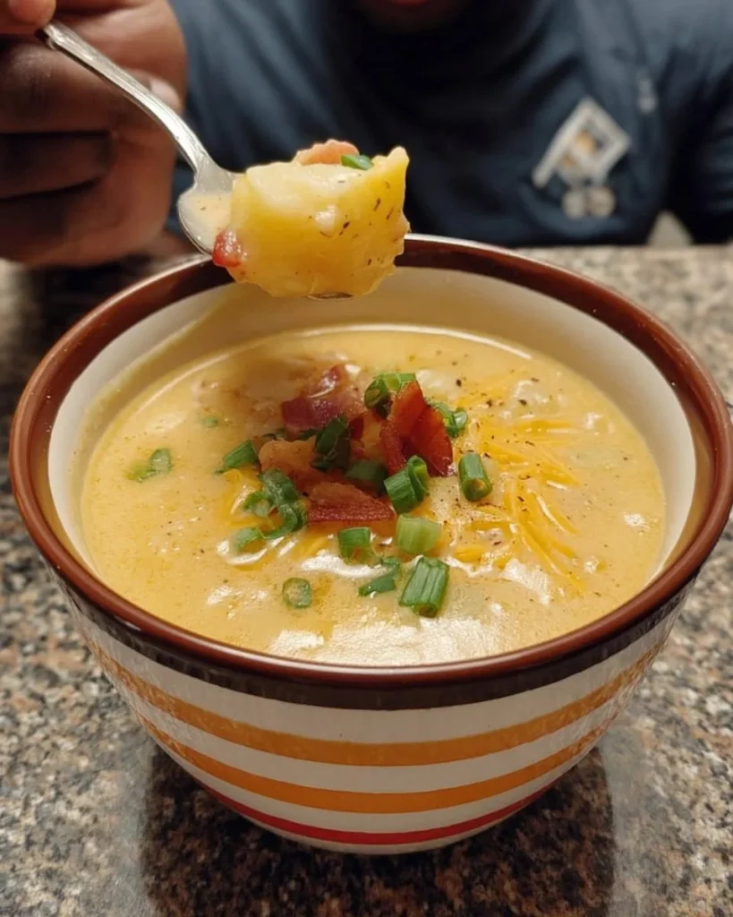 Delicious loaded potato soup garnished with cheese, bacon, and chives.
