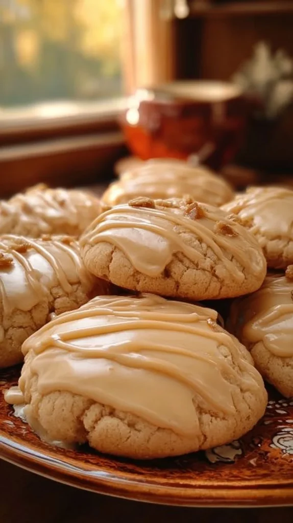 Delicious maple cookies drizzled with maple icing on a rustic wooden table
