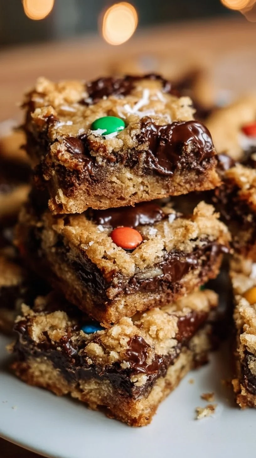 Delicious Monster Cookie Bars with oats, chocolate chips, and M&Ms